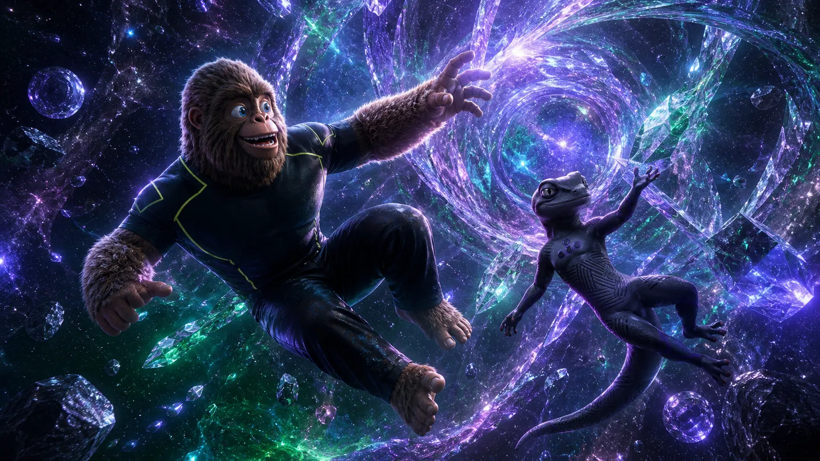 Brand world cinematic — yeti and lizard wormhole